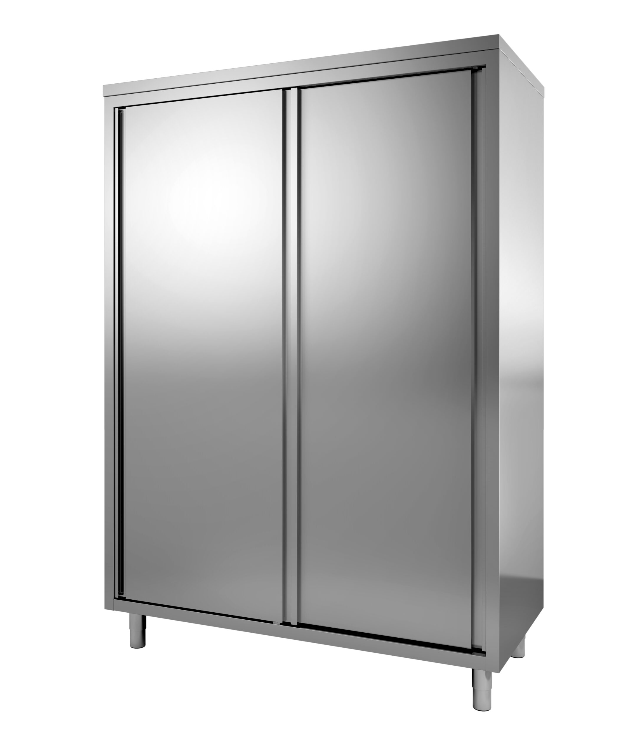 ARMOIRE INOX, PORTES COULISSANTES DOUBLEES TOIT PENTE, 3 ETAGERES REGLABLES