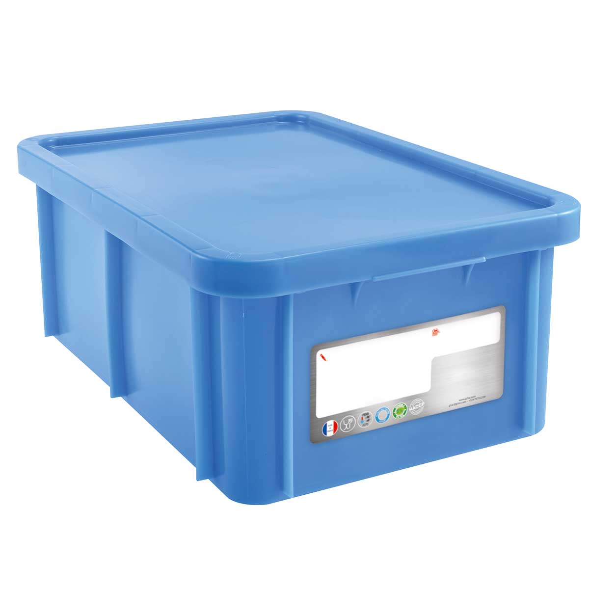 BAC POISSONNERIE BLEU 35L, PAROIS ET FOND PLEINS 600X400 HACCP RECTANGULAIRE AVEC COUVERCLE