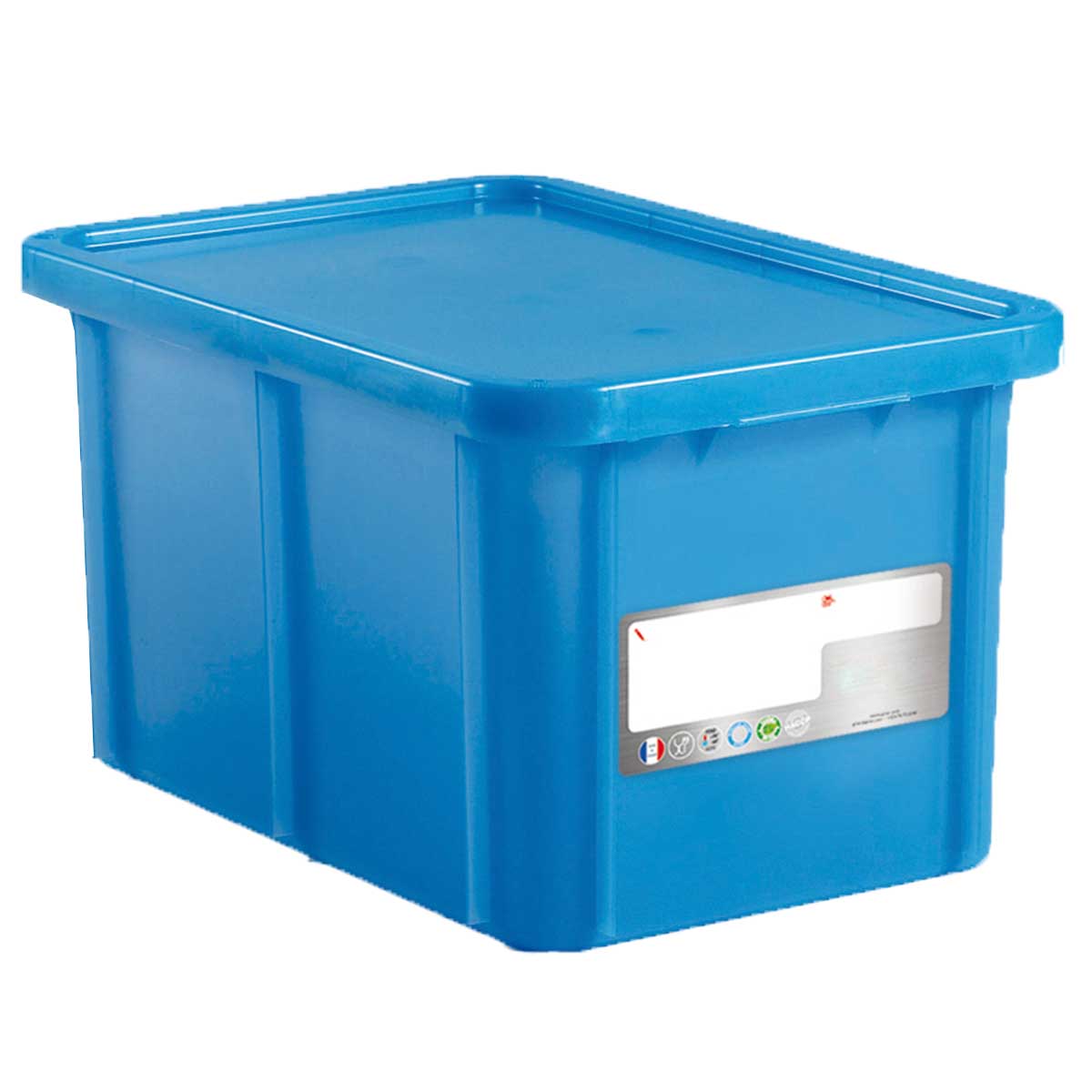 BAC POISSONNERIE BLEU 55L, PAROIS ET FOND PLEINS 600X400 HACCP RECTANGULAIRE AVEC COUVERCLE