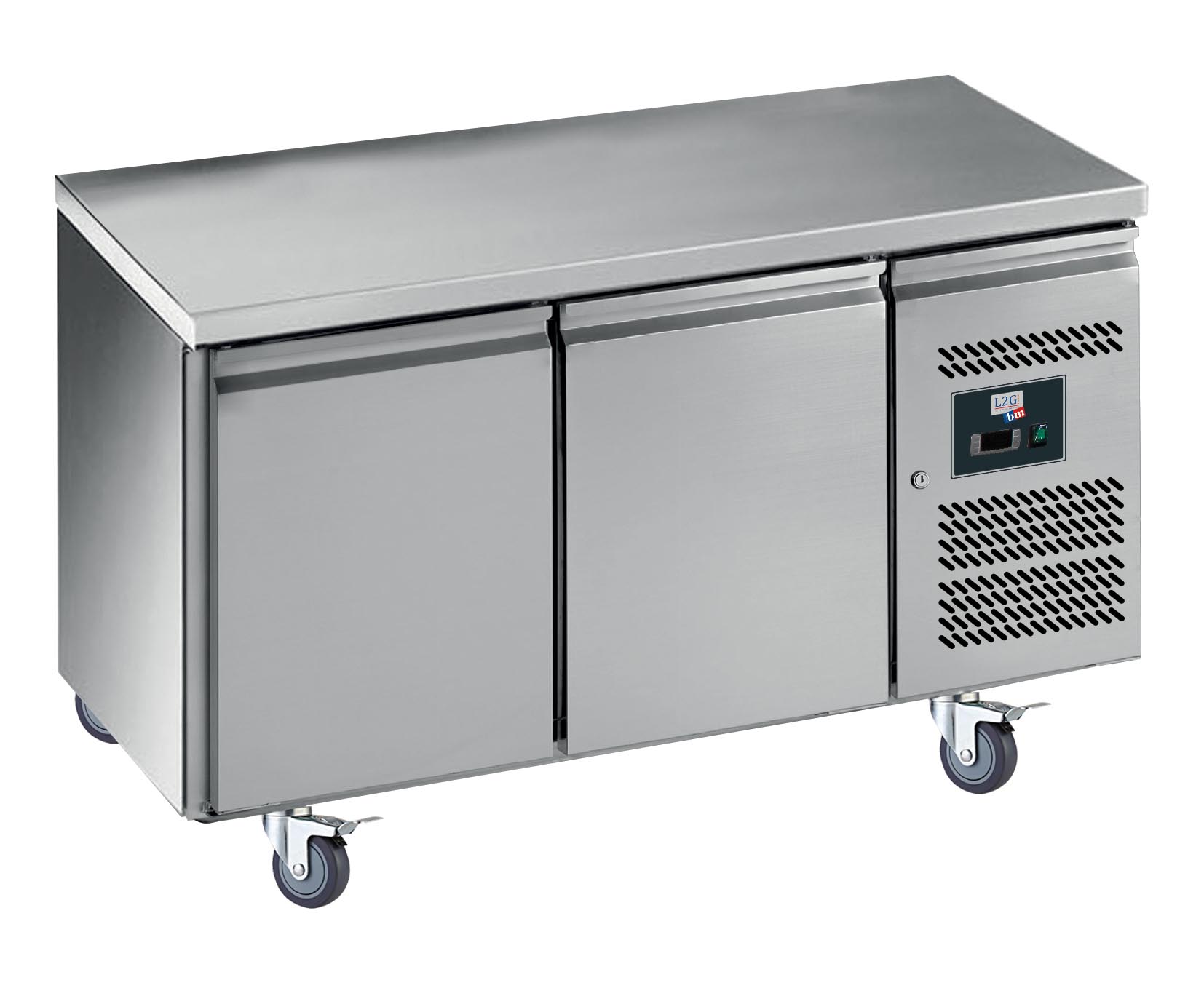 DESSERTE REFRIGEREE INOX CENTRALE, -2/+8°C, 2 PORTES GN1/1 SUR ROULETTES Ø 100 MM