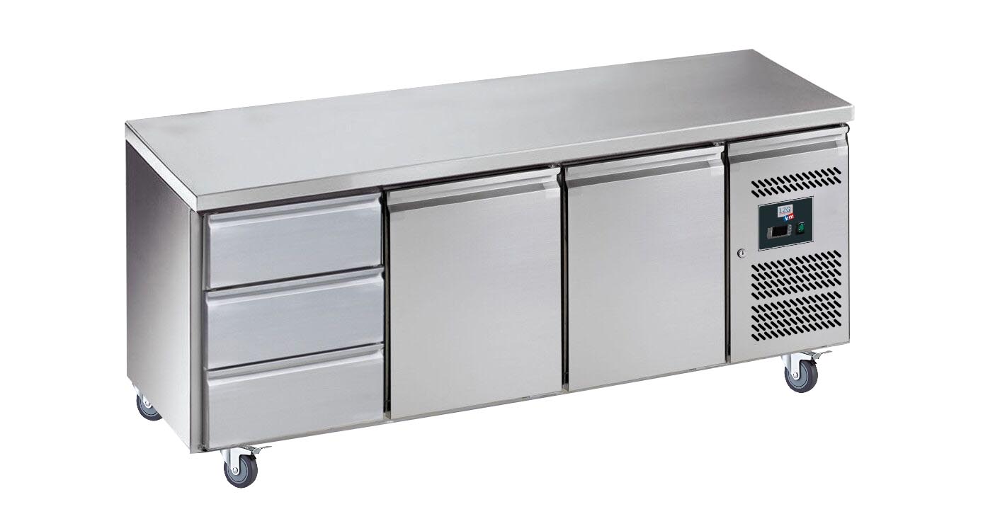 DESSERTE REFRIGEREE INOX CENTRALE -2/+8°C 2 P. GN1/1+1 BLOC 3 TIROIRS, SUR ROULETTES Ø 100MM