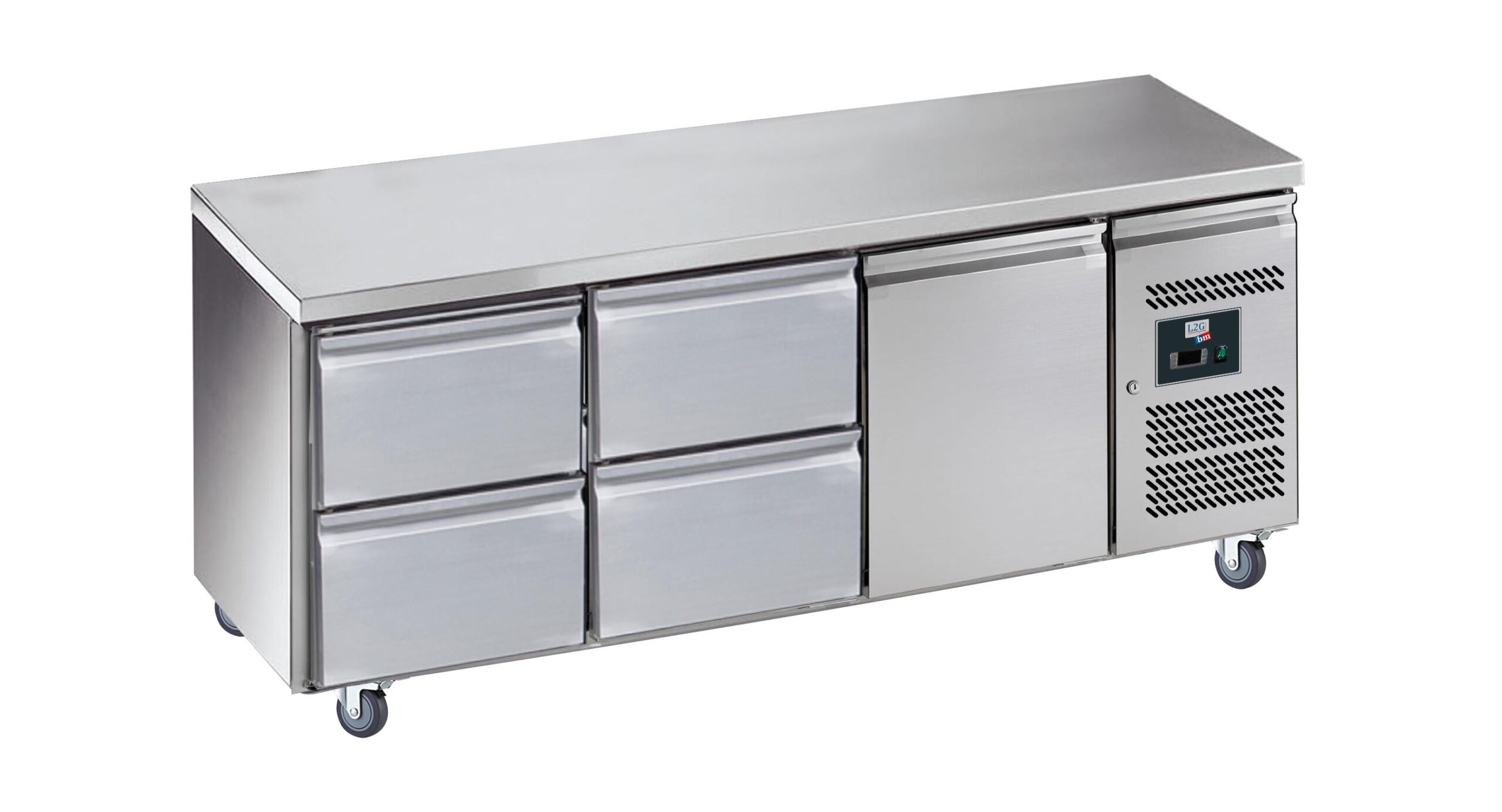 DESSERTE REFRIGEREE INOX CENTRALE -2/+8°C 2 X 2 TIROIRS+1 P. GN1/1, SUR ROULETTES Ø 100MM
