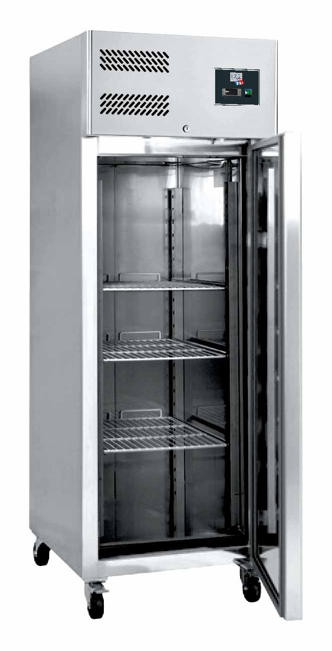 ARMOIRE REFRIGEREE INOX 1 PORTE -18/-22°C FROID VENTILE, 3 GR. GN2/1, ROULETTES Ø100 MM