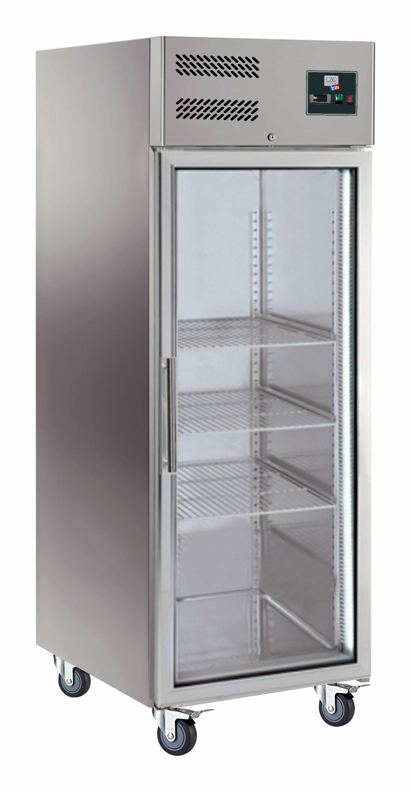 ARMOIRE REFRIGEREE INOX, 1 PORTE VITREE, -18/-22°C VENTILE, 3 GRILLES GN2/1, ROULETTES Ø100