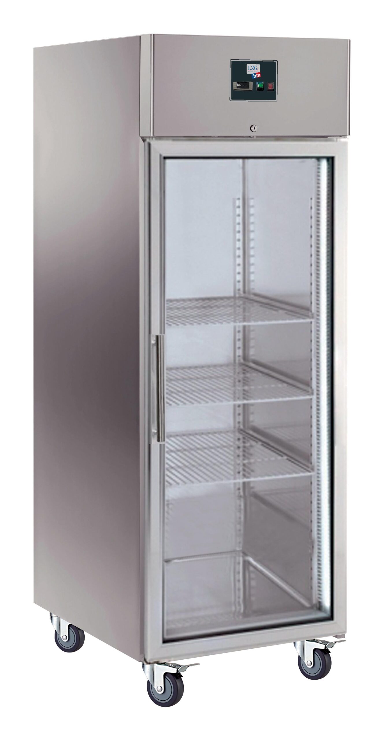 ARMOIRE REFRIGEREE INOX, 1 PORTE VITREE 650 LITRES -2/+8°C, FROID VENTILE, 3 GRILLES GN2/1,