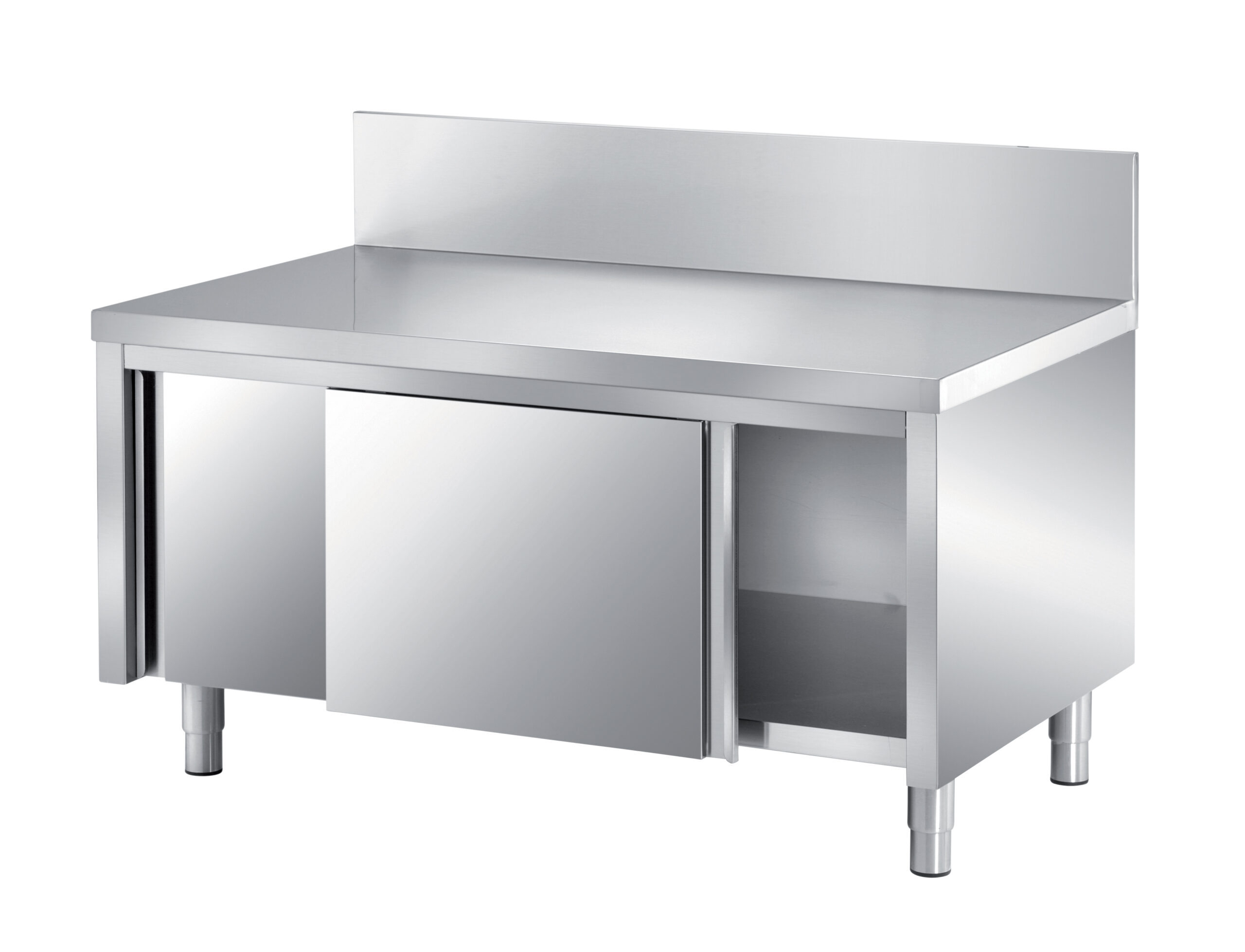 MEUBLE TRANCHEUR INOX 304, DOSSERET 200X20 MM PORTES COULISSANTES DOUBLEES, 1 ETAGERE