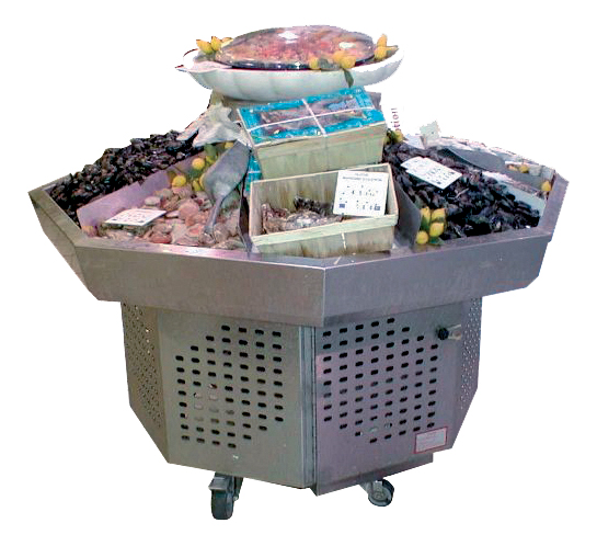 ILOT A COQUILLAGES OCTOGONAL INOX 304 TUBE D.114, 2 ROULETTES D.125+2 VERINS