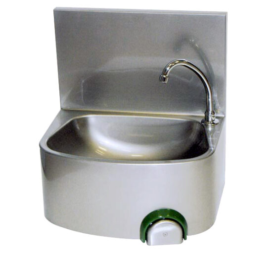LAVE-MAINS INOX 304, DOSSERET MONOBLOC PLIE COMMANDE FEMORALE PAR BOUTON POUSSOIR