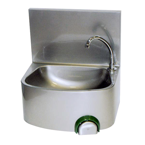LAVE-MAINS INOX 304, DOSSERET MONOBLOC PLIE COMMANDE FEMORALE PAR BOUTON POUSSOIR