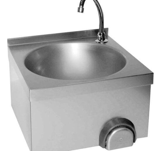 LAVE-MAINS INOX CUVE RONDE, DOSSERET 30 MM COMMANDE FEMORALE PAR BOUTON POUSSOIR