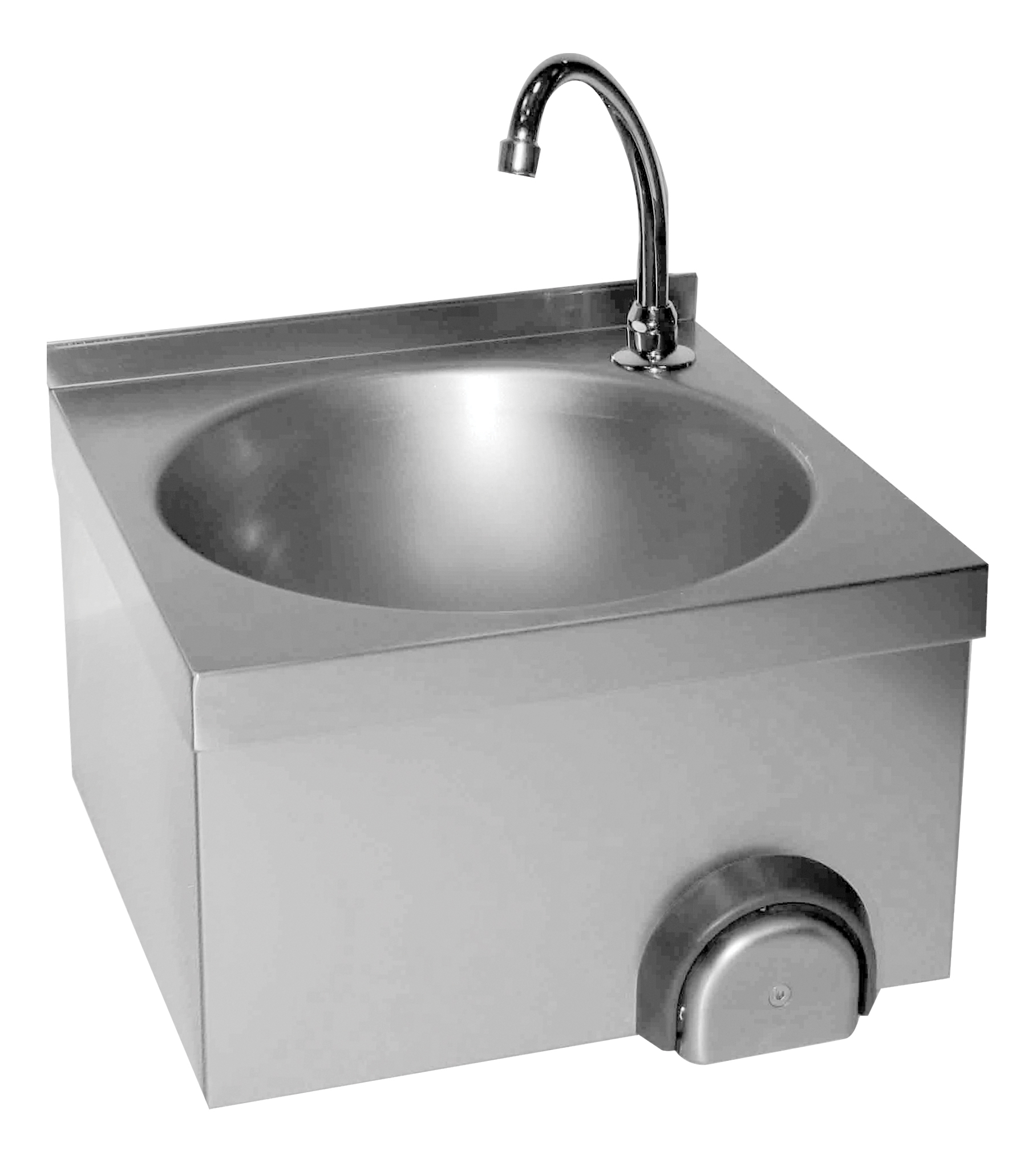 LAVE-MAINS INOX CUVE RONDE, DOSSERET 30 MM COMMANDE FEMORALE PAR BOUTON POUSSOIR