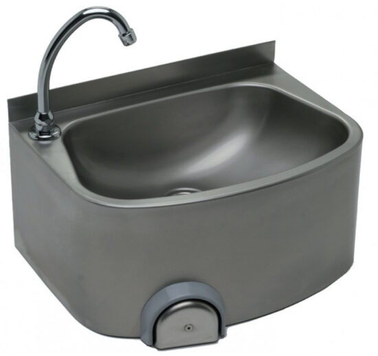 LAVE-MAINS INOX 304 SANS DOSSERET COMMANDE FEMORALE PAR BOUTON POUSSOIR