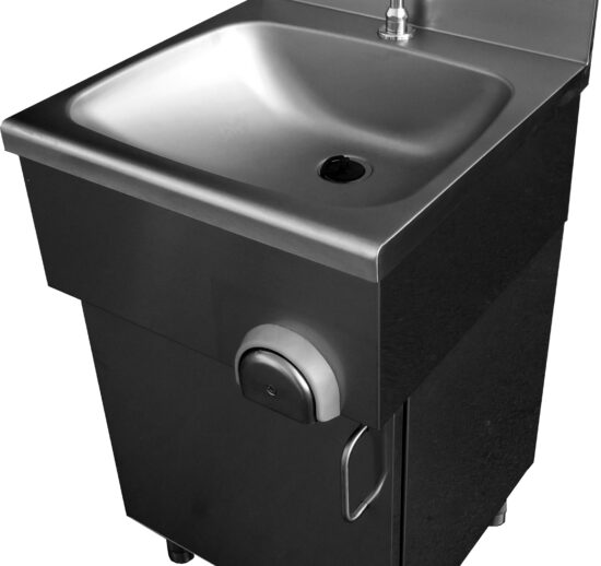 LAVE-MAINS INOX SUR PLACARD PORTE BATTANTE COMMANDE FEMORALE PAR BOUTON POUSSOIR