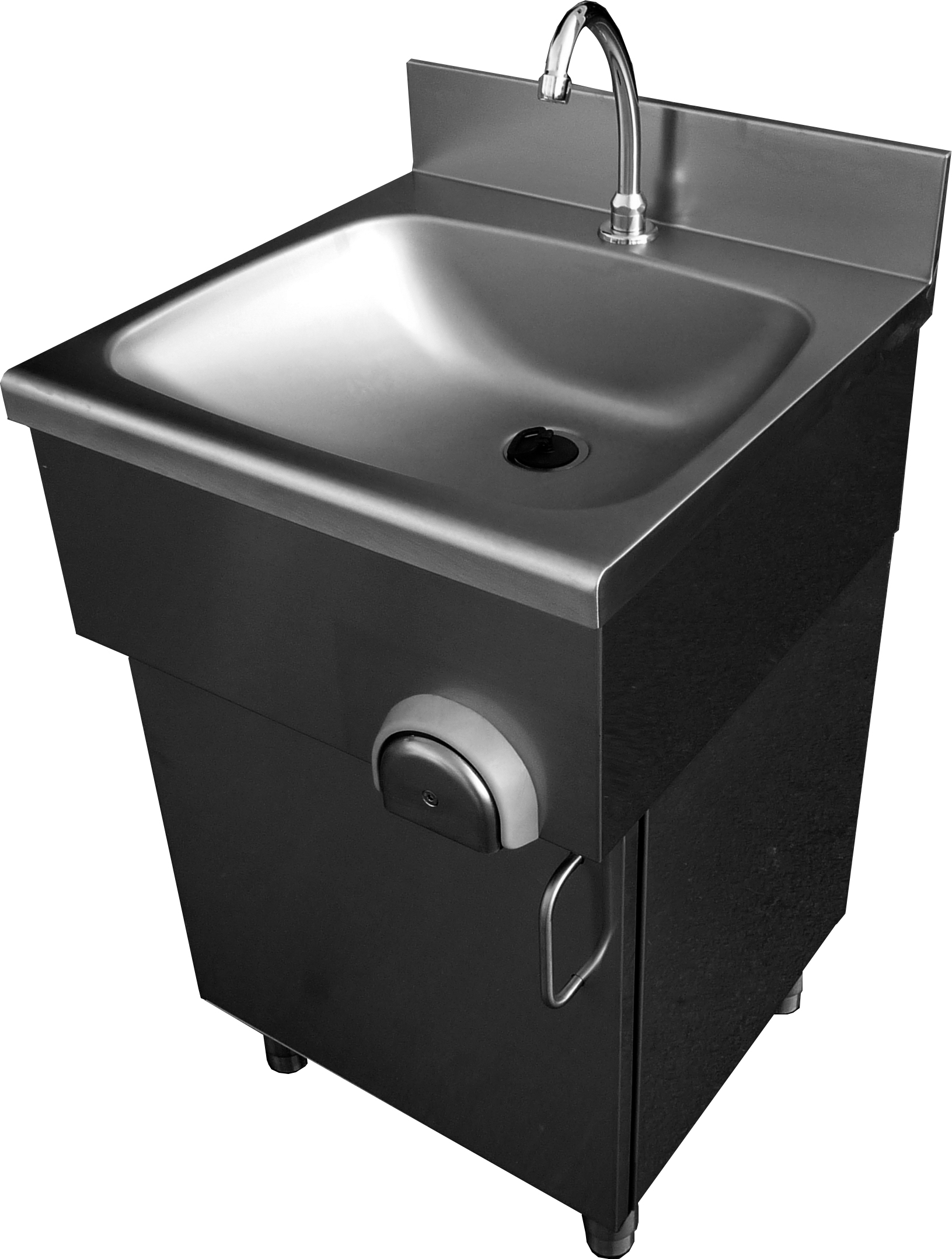LAVE-MAINS INOX SUR PLACARD PORTE BATTANTE COMMANDE FEMORALE PAR BOUTON POUSSOIR