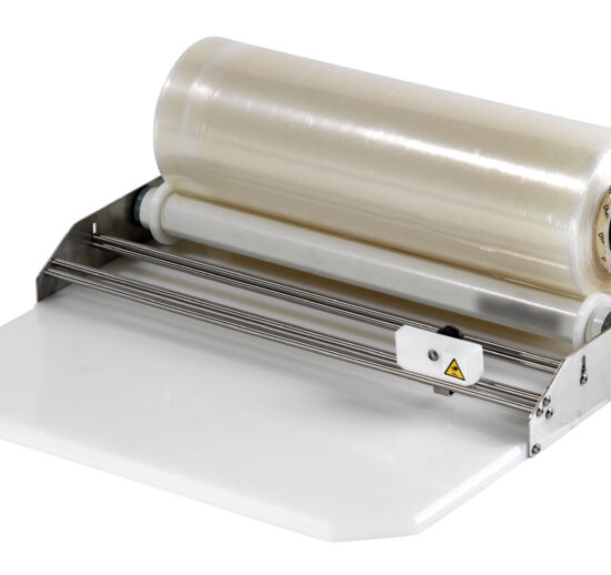 DEROULEUR DE FILM ETIRABLE INOX, AVEC PLAQUE POLY, LAIZE 460 MM, COUPE PAR CUTTER