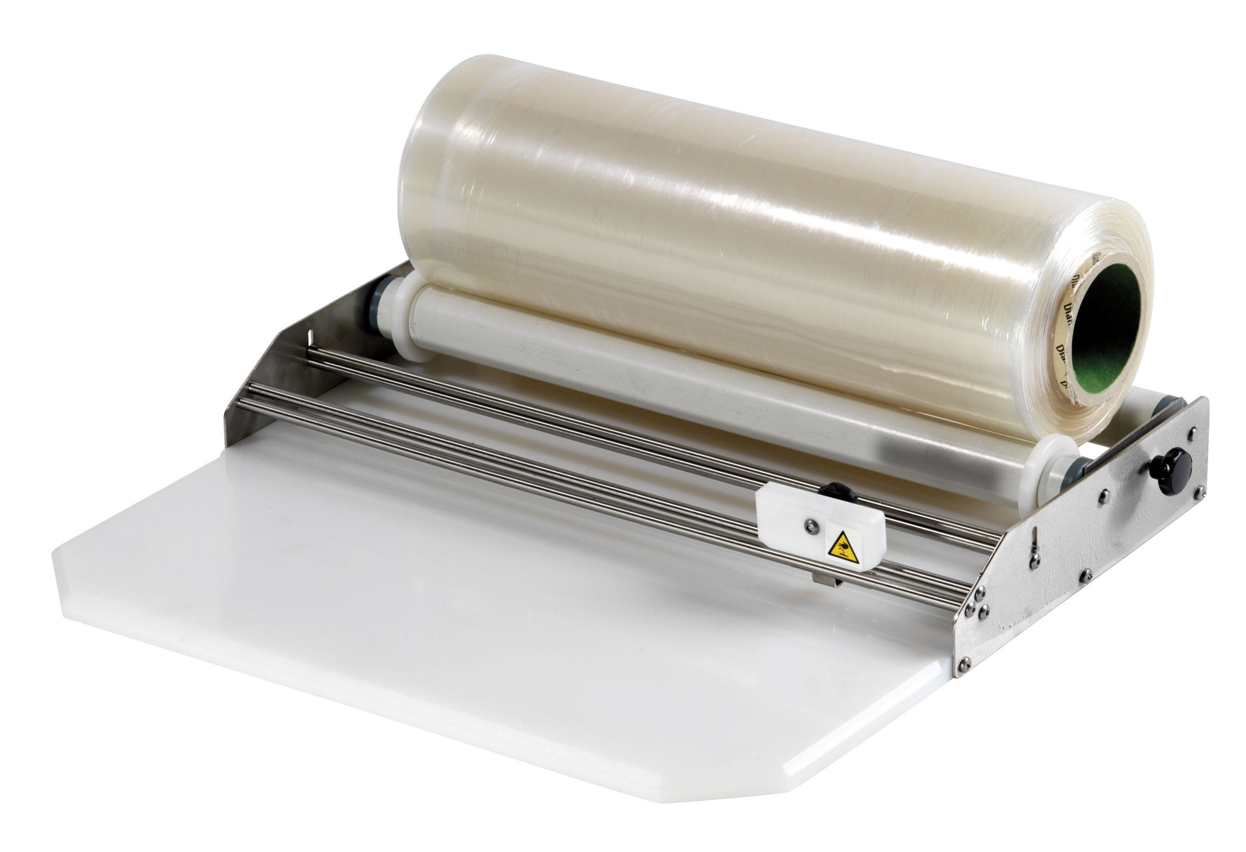 DEROULEUR DE FILM ETIRABLE INOX, AVEC PLAQUE POLY, LAIZE 460 MM, COUPE PAR CUTTER