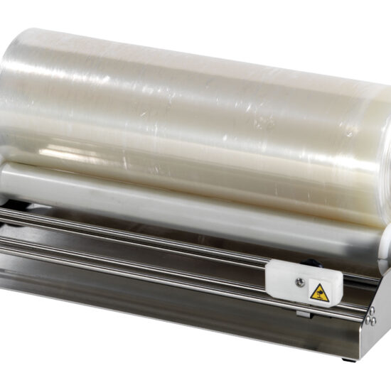 DEROULEUR DE FILM ETIRABLE INOX, SANS PLAQUE POLY, LAIZE 460 MM, COUPE PAR CUTTER