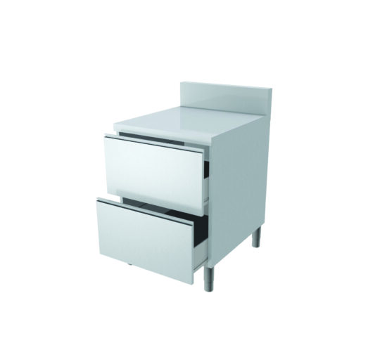 MEUBLE TIROIRS DESSUS INOX + DOSSERET 150X50MM DESSUS EP.40 MM 2 TIROIRS SUPERPOSES
