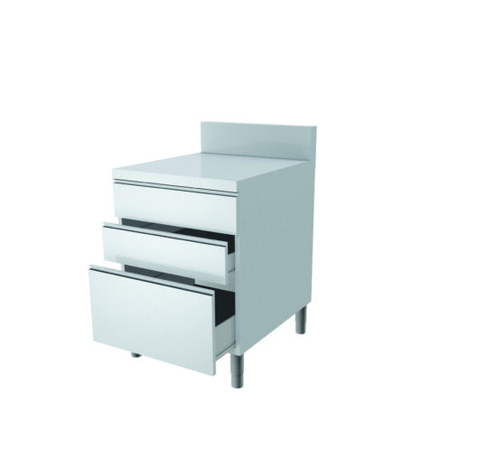 MEUBLE TIROIRS DESSUS INOX + DOSSERET 150X50MM DESSUS EP.40 MM 3 TIROIRS SUPERPOSES
