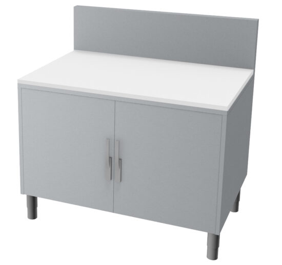 MEUBLE DE DECOUPE FROMAGE SURBAISSE INOX 304 DESSUS POLY BLANC EP.20 MM, P. BATTANTES LOQUETEAU