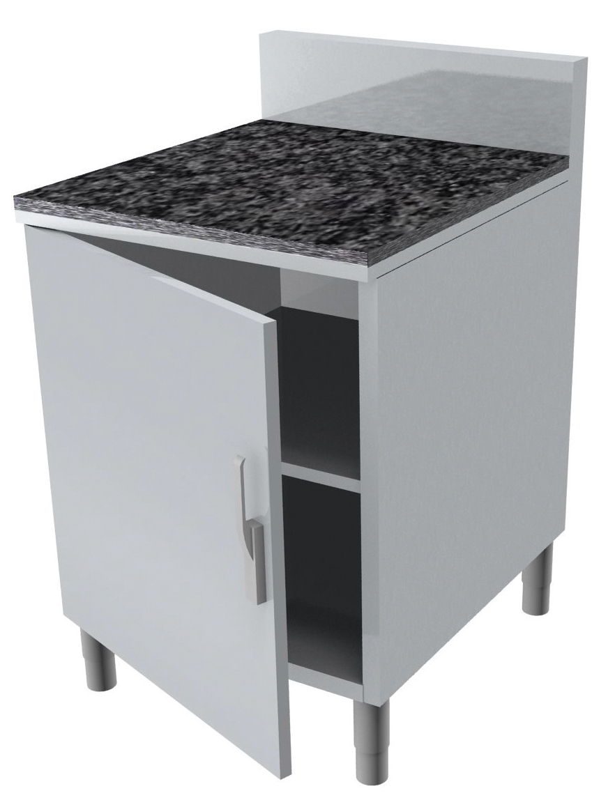 MEUBLE NEUTRE DESSUS GRANIT EP.20MM, 3P. BATTANTES AVEC FERMETURE LOQUETEAU, DOSSERET INOX 150X50 MM