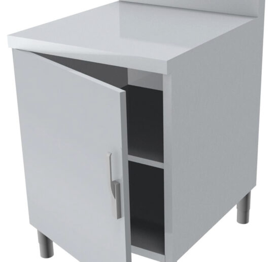 MEUBLE NEUTRE DESSUS INOX 304, 1 PORTE BATTANTE AVEC FERMETURE LOQUETEAU, DOSSERET INOX 150X50 MM