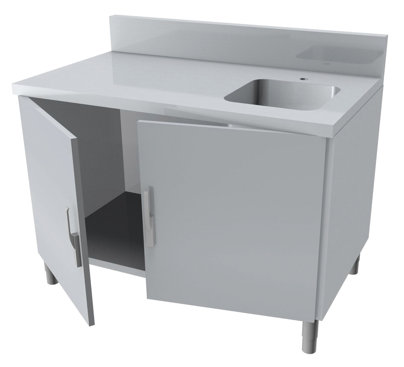 MEUBLE PLONGE,DESSUS INOX, 3P.BATTANTES AVEC 1 BAC A DROITE 500X500X250, EG.LISSE, DOSSERET 150X50 MM
