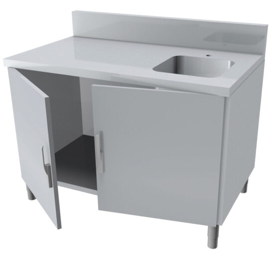 MEUBLE PLONGE,DESSUS INOX, 4P.BATTANTES AVEC 1 BAC A DROITE 500X500X250, EG.LISSE, DOSSERET 150X50 MM