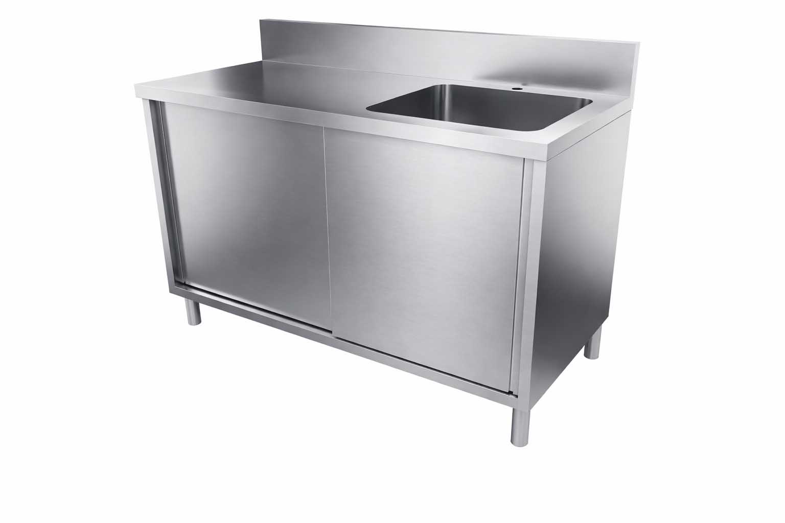 MEUBLE PLONGE,DESSUS INOX, 2P.COULISSANTES + 1 BAC A DROITE 500X500X250, EG.LISSE, DOSSERET 150X50 MM