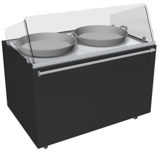 MEUBLE TRADITIONNEL DOUBLE PAELLA CHAUFFANT 300°C 2 PLAQUES CHAUFFANTES D.400MM,VITRE AVANT INCLINEE