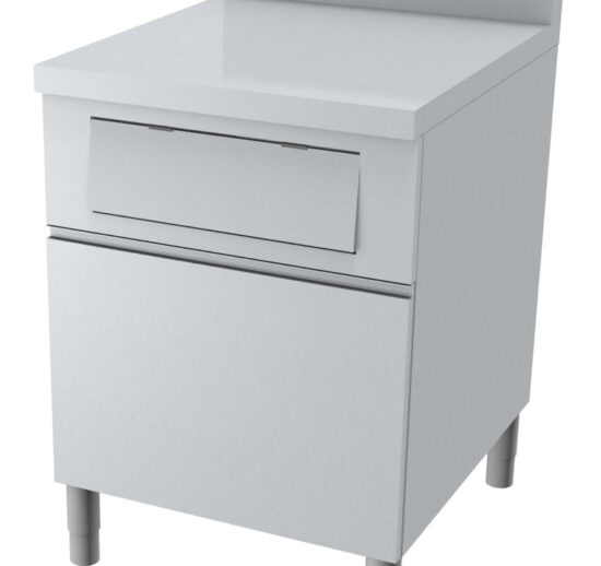 MEUBLE POUBELLE INOX 304, TIROIR COULISSANT+VOLET BASCULANT, DESSUS INOX, DOSSERET 150X50 MM