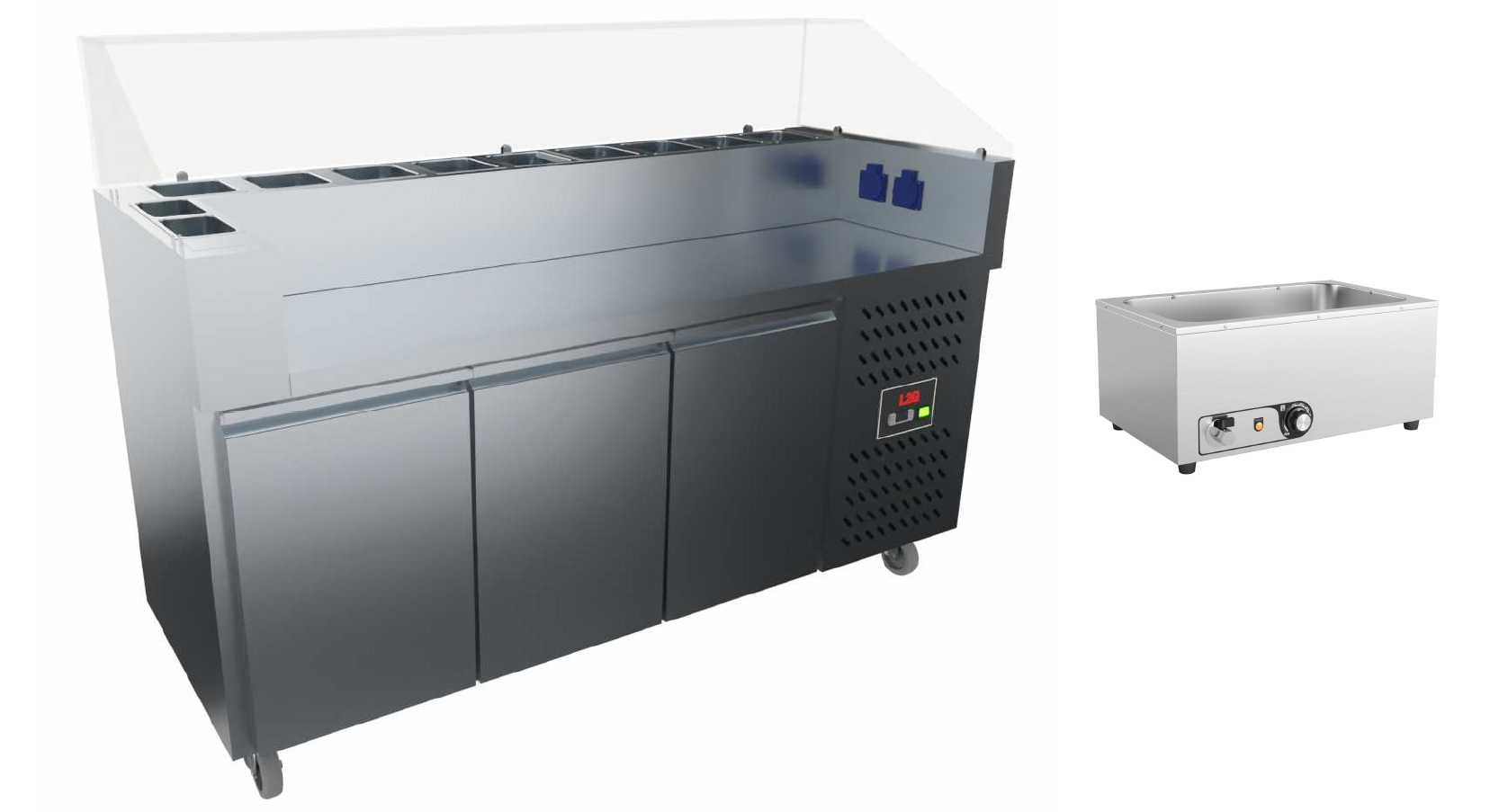 MODULE MOBILE REFRIGEREE +2/+8°C POUR VENTE A EMPORTER, GROUPE LOGE AU GAZ R290, DESSUS INOX