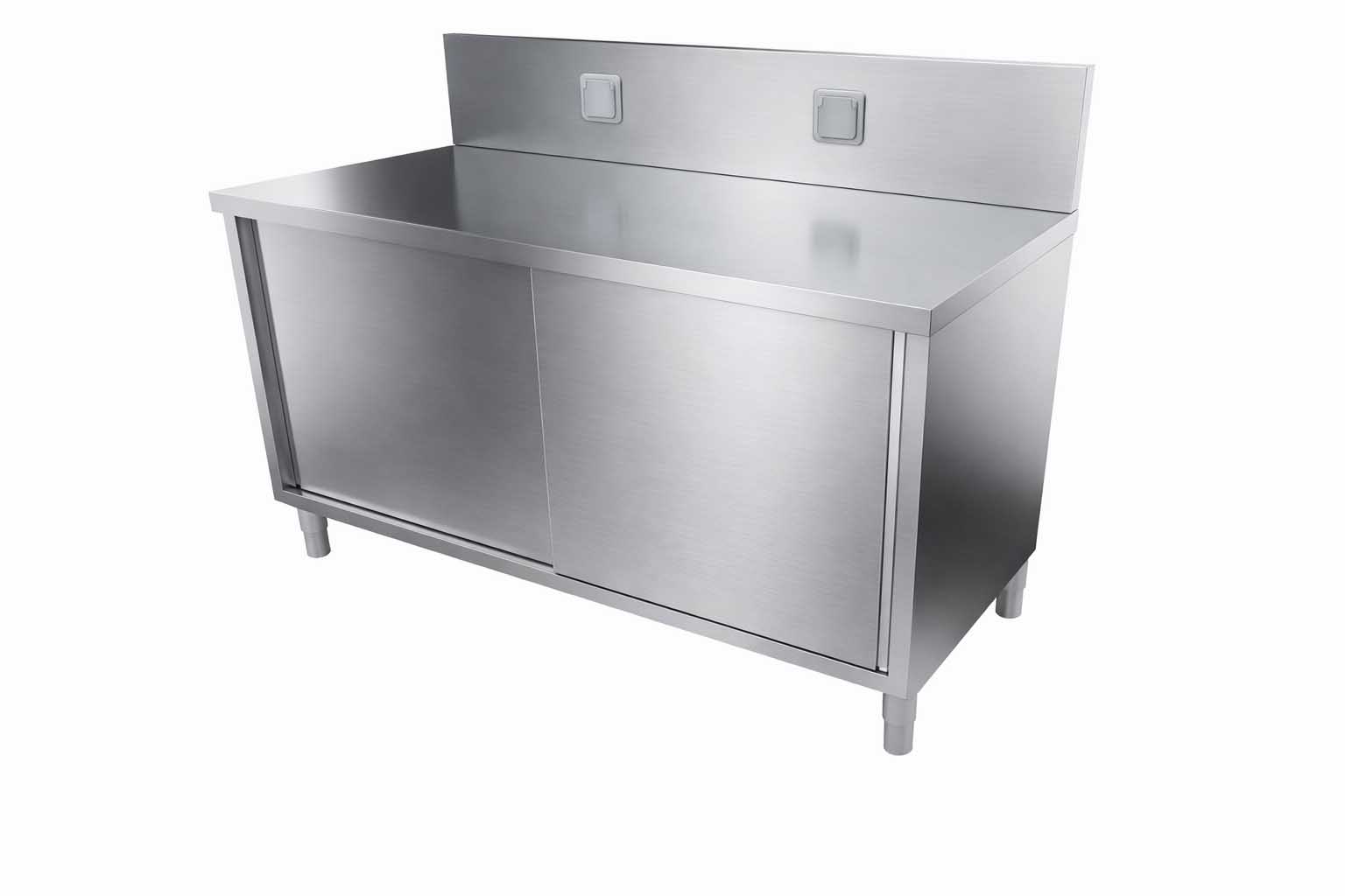 MEUBLE TRANCHEUR DESSSUS INOX, DOSSERET 250X50 MM AVEC 2 PRISES 230V INTEGREES, 2P.COULISSANTES