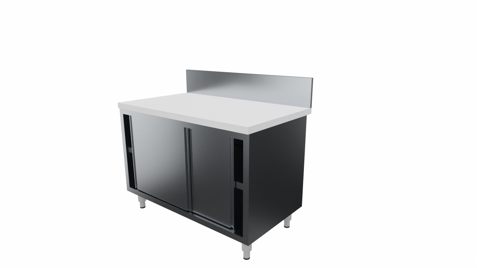 MEUBLE BAS INOX 304 ADOSSE, P. COULISSANTES DOUBLEES, DESSUS INOX ADOSSE EP.18MM+POLY EP.25MM
