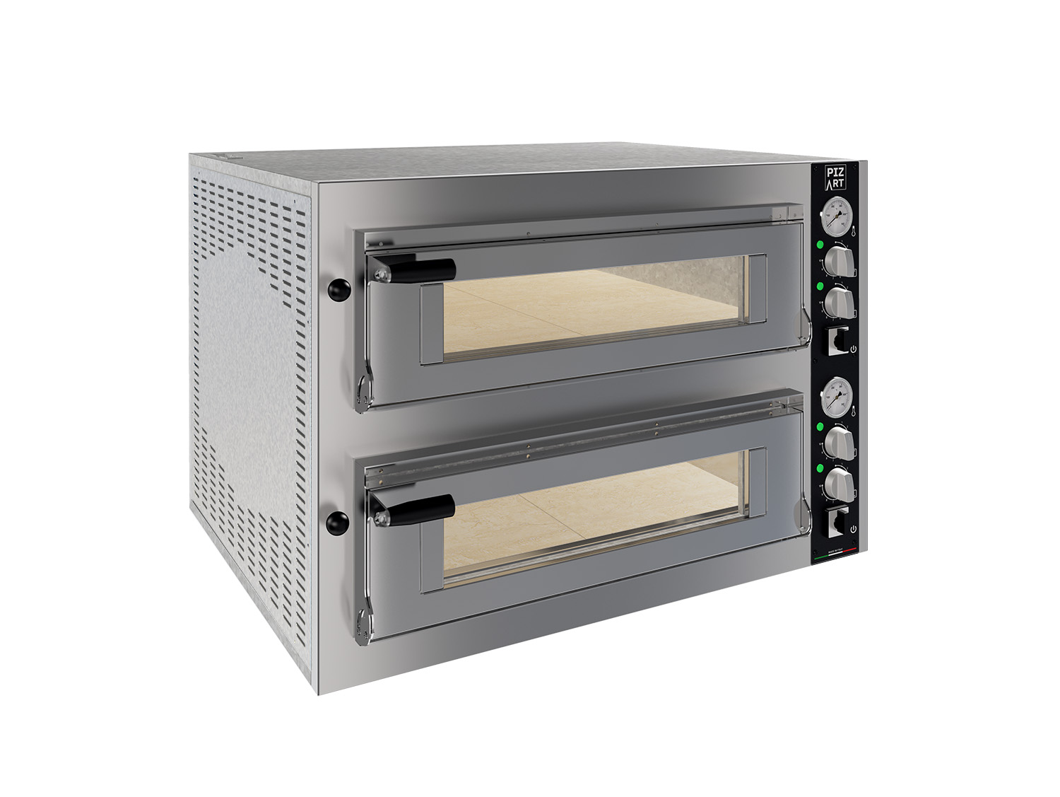 FOUR A PIZZAS ELECTRIQUE 4+4 PIZZAS, D350 MM COMMANDES ANALOGIQUES, 2 CHAMBRES 700X700X150 MM