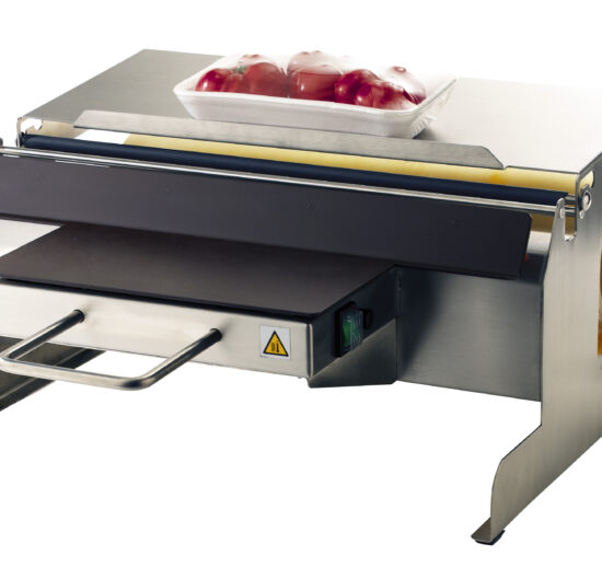 DEROULEUR DE FILM ETIRABLE INOX, LAIZE 500 MM SIMPLE BOBINE, AVEC PLAQUE CHAUFFANTE ANTIADHESIVE