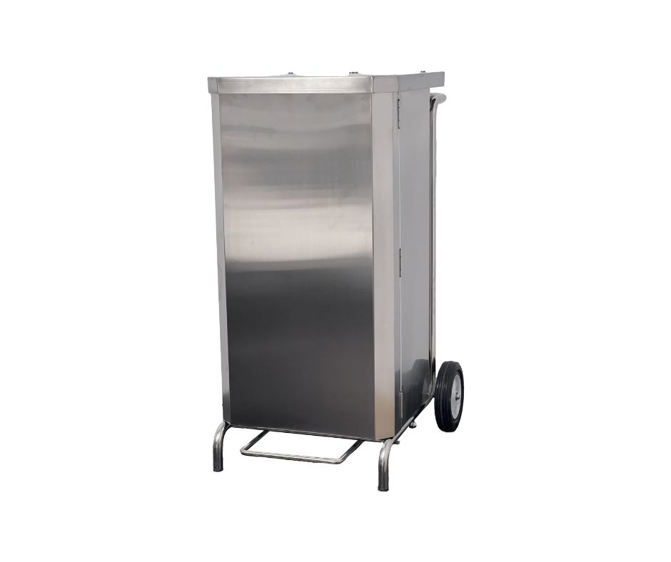PORTE-SACS MOBILE CARENE INOX A OUVERTURE FRONTALE POUR SACS DE 70L, 2 ROUES D.150 MM