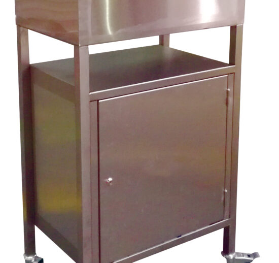 PUPITRE INOX SUR PLACARD AVEC ROULETTES CHAPE ZINGUEE, PLACARD AVEC FERMETURE A CLE