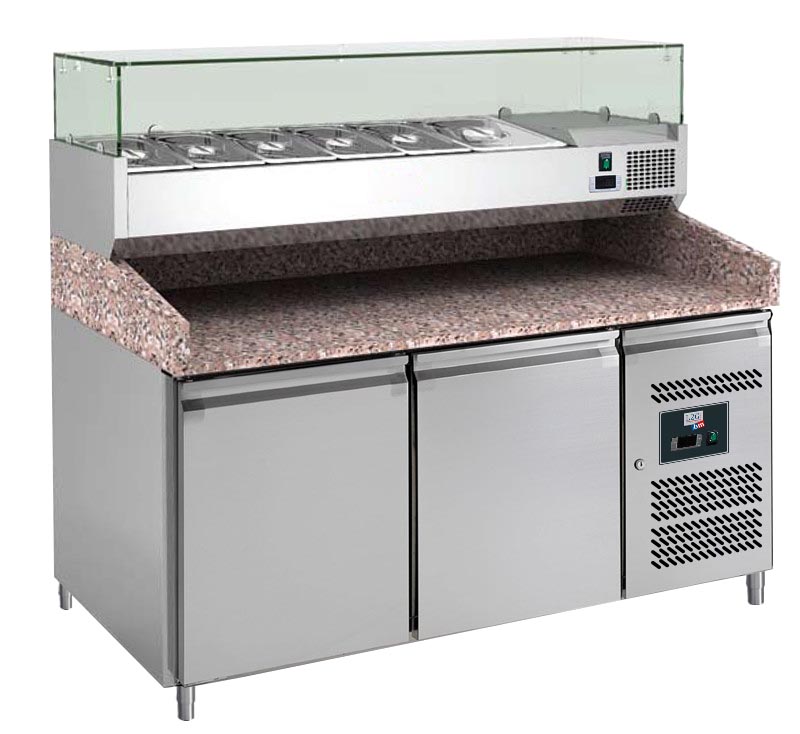 MEUBLE PIZZAS, 2 P. 600X400 MM, +2/+8°C, DESSUS GRANIT+VITRINE REFRIGEREE 5GN1/3+1GN1/2