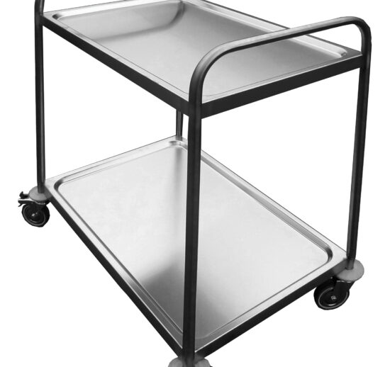 DESSERTE SOUDEE INOX 304, 2 PLATEAUX 4 ROUES PIVOTANTES DONT 2 A FREINS CHAPE POLY