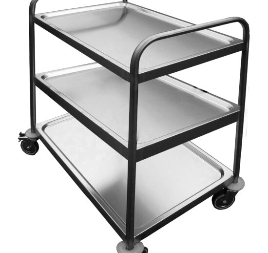 DESSERTE DEMONTABLE INOX 304, 3 PLATEAUX, 4 ROUES PIVOTANTES DONT 2 A FREINS