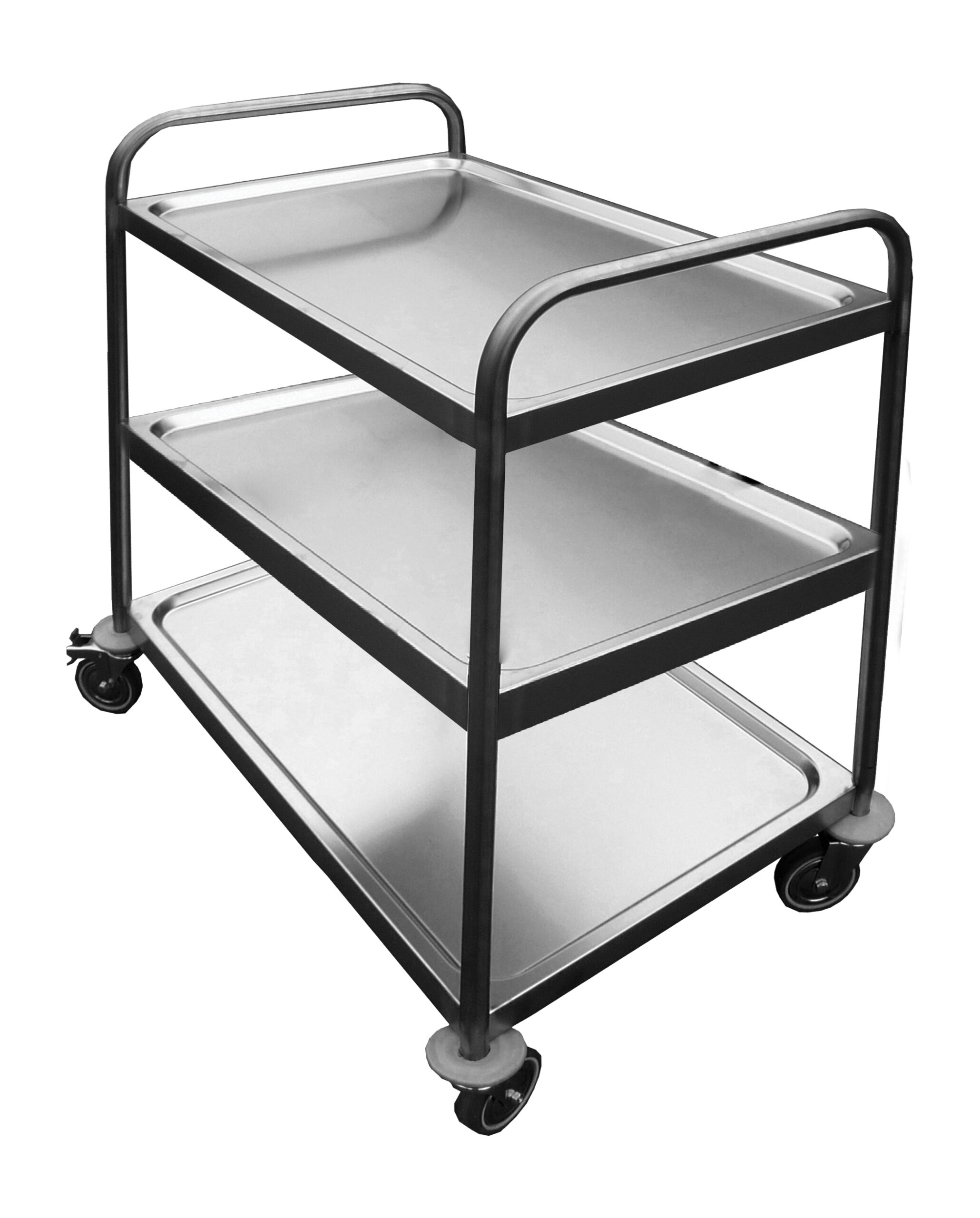 DESSERTE DEMONTABLE INOX 304, 3 PLATEAUX, 4 ROUES PIVOTANTES DONT 2 A FREINS