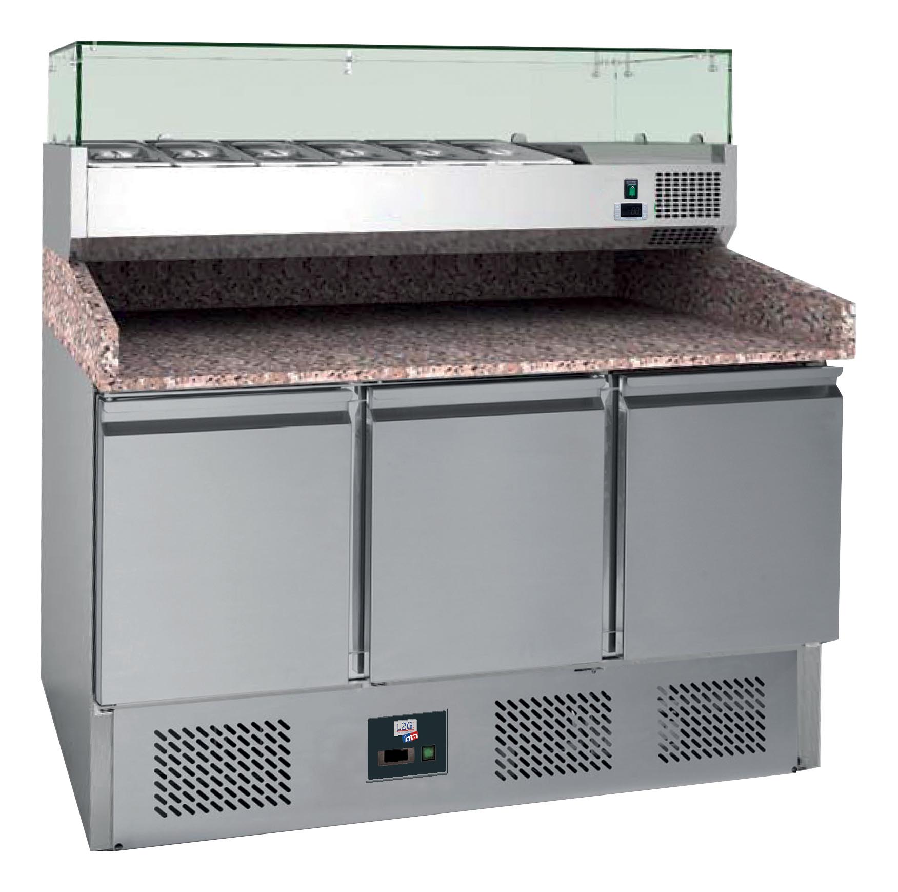MEUBLE PIZZAS REFRIGERE GROUPE EN DESSOUS +2/+8°C GAZ R290, DESSUS GRANIT, 3 P. GN1/1, AVEC VITRINE