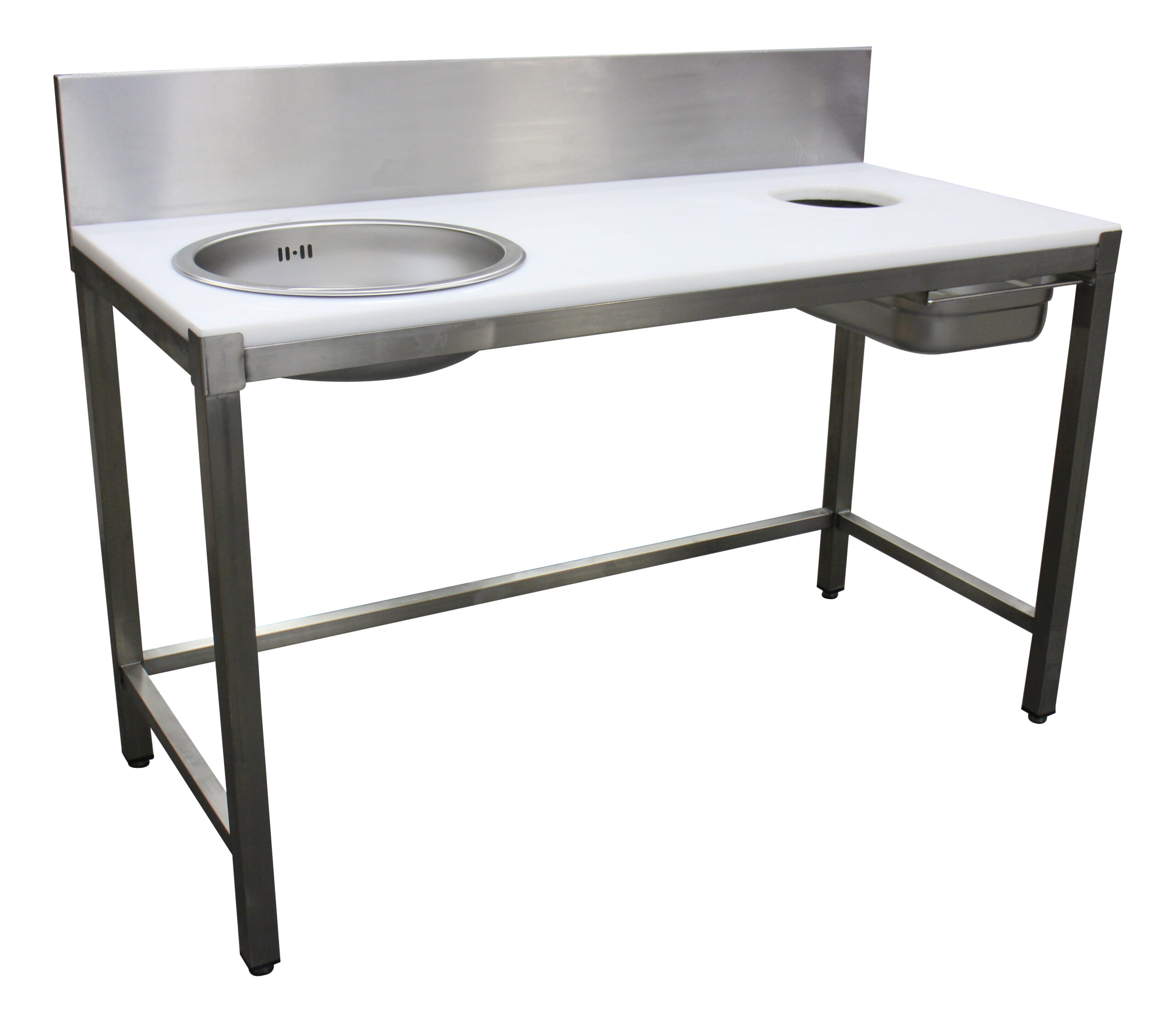 COMBINE DE PREPARATION POISSON 1 BAC, INOX 304, DESSUS POLY BLANC EP.25 MM, DOSSERET INOX H-200 MM