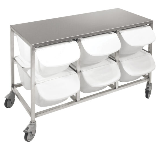 TABLE POUR BACS A INGREDIENTS INOX 304 SUR ROULETTES D.100MM,CHAPE ZINGUEE, PLATEAU INOX