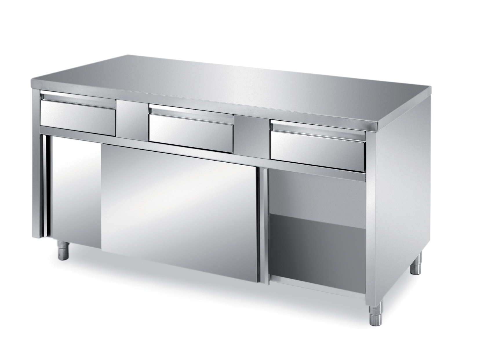 MEUBLE BAS INOX CENTRAL, 2 PORTES COULISSANTES DOUBLEES ET 4 TIROIRS SUR GLISSIERES