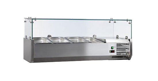 VITRINE A INGREDIENTS INOX, +2/+8°C, AVEC PARE-HALEINE, 3GN1/3-150 + 1GN1/2-150 NON COMPRIS