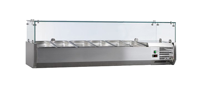 VITRINE A INGREDIENTS INOX, +2/+8°C, GAZ R600A PARE-HALEINE VERRE, 5GN1/3+1GN1/2-150 NON COMPRIS